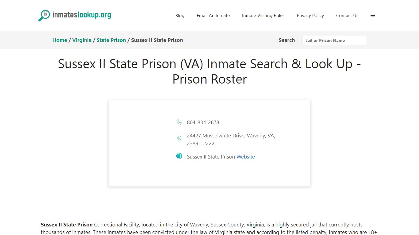 Sussex II State Prison (VA) Inmate Search & Look Up - Prison Roster