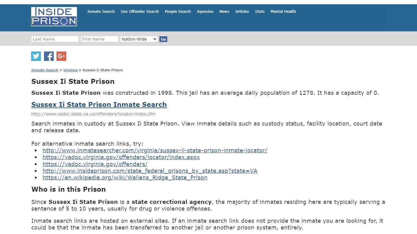 Sussex Ii State Prison - Virginia - Inmate Search